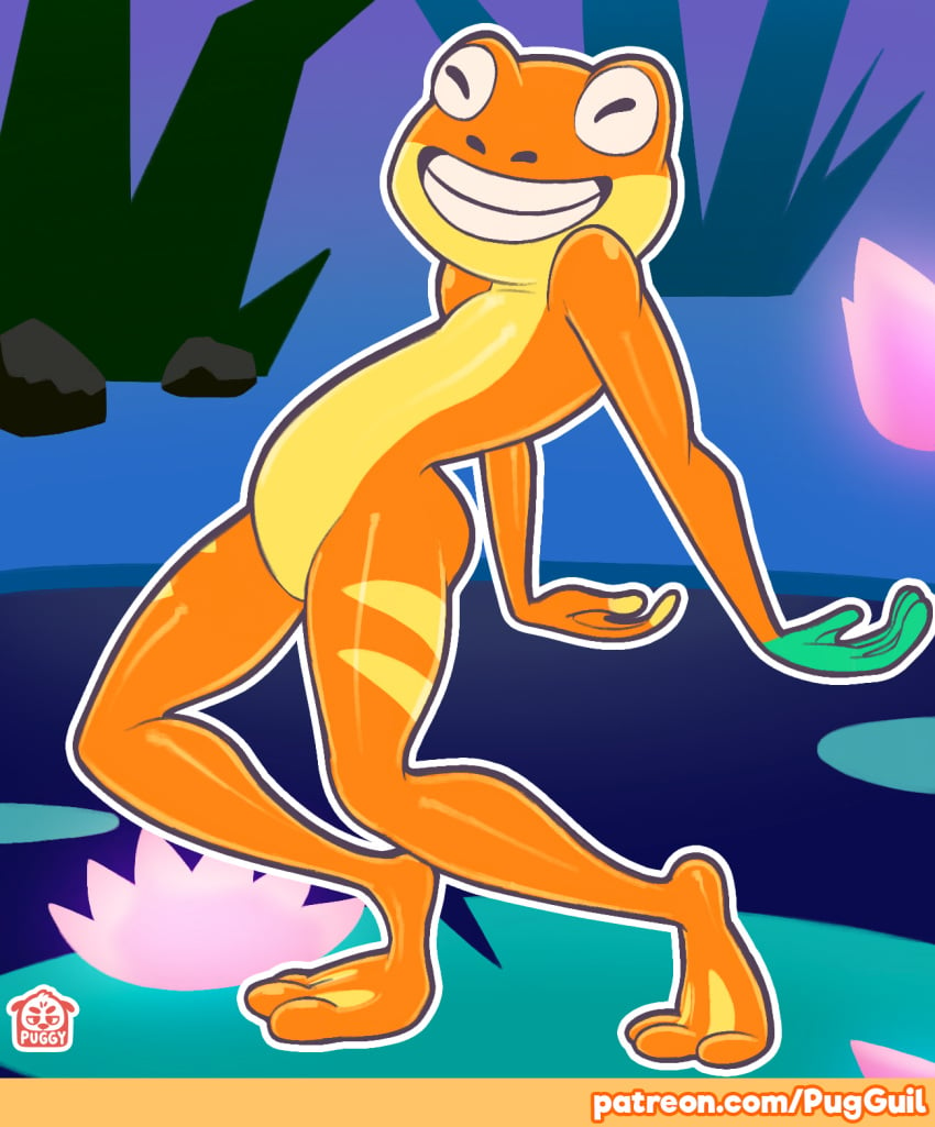 2019 amphibian anthro barefoot closed_eyes dame_tu_cosita dancing frog frogoslav green_body green_skin just_dance lake lily_pad male male_only membrane_(anatomy) meme mostly_nude outside patreon pelvic_thrust pink_body pink_skin plant puggy smile solo speedo swimwear teeth ubisoft video_games water webbed_feet