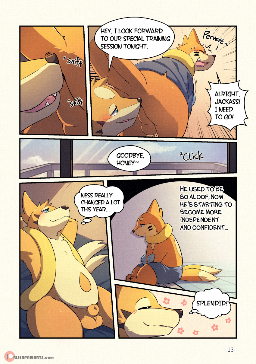 absurd_res animal_genitalia ass balls blue_eyes blush bodily_fluids buizel butt_sniffing close-up clothing comic cute_fangs duo english_text fangs feral fin floatzel fluffy gay genitals hi_res lester_(risenpaw) male male/male male_only ness_(risenpaw) nintendo one_eye_closed orange_body pokémon_(species) pokemon presenting presenting_hindquarters raised_tail rear_view risenpaw romantic romantic_couple semi-anthro sheath slightly_chubby smile sniffing sniffing_anus sweat text video_games yaoi