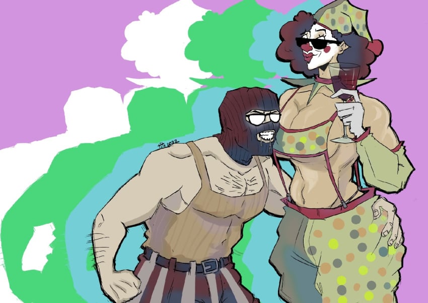 1boy1girl balaclava bebey_(streamer) belly belly_button big_breasts breasts brown_hair choker clown clown_girl clown_makeup clown_nose clussy_bebs glass_of_wine glasses hand_on_ass hand_on_hip muscles muscular_female muscular_male polka_dot polka_dot_bra polka_dot_hat polka_dot_legwear rule_63 spitting_on_face streamer sunglasses suspenders tito wine youtube youtuber деградач жэка