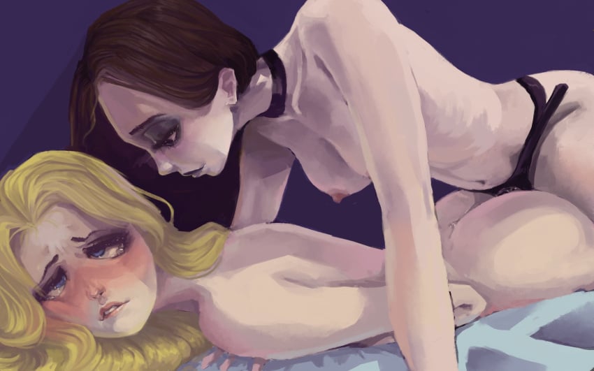 2girls blonde_female blonde_hair blue_eyes breasts cross-eyed doomer_girl female female_only human human_only lesbian_sex light-skinned_female light_skin multiple_girls petite petite_body prone_bone skinny skinny_girl small_breasts strap-on thin tradwife wojak_comics yuri