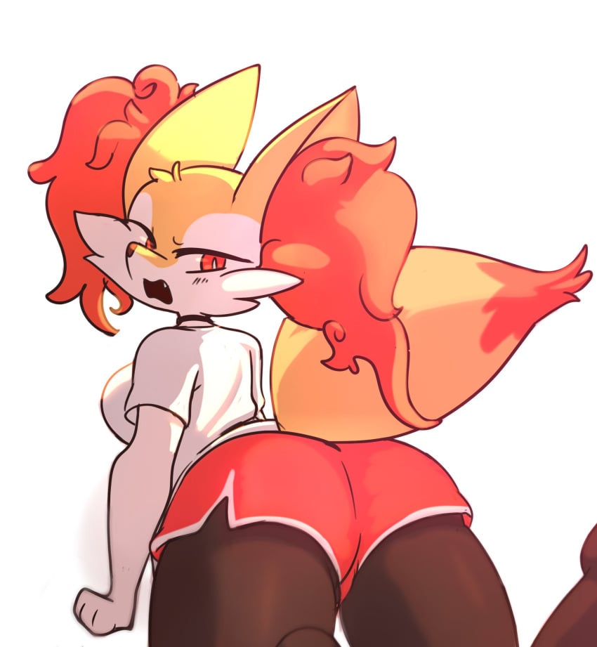 1girls big_ass big_breasts blush braixen choker clothing eyelashes female furry hi_res looking_back no_panties pokémon_(species) pokemon pokemon_(species) rabiosin red_eyes shorts solo t-shirt tagme thick_hips thick_thighs video_games wide_hips yellow_fur zero4541