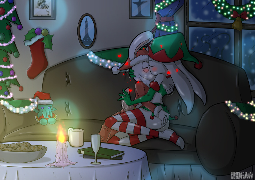 absurd_res anthro blush christmas clothing costume duo eyewear female genitals glasses h1draw hi_res holidays kissing lagomorph legwear leporid lerose male male/female mammal parsnip_(game) parsnip_bunner penis rabbit size_difference stockings violetechoes