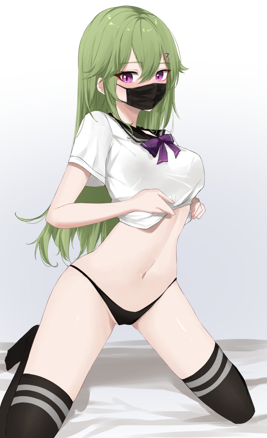 1girls alternate_hairstyle belly belly_button black_panties blush bow cameltoe clothed clothes_lift clothing exposed_panties face_mask feintheart721 female female_focus female_only genshin_impact green_hair hair_down kuki_shinobu leggings legwear lifting_shirt long_hair looking_at_viewer mask masked_female midriff navel on_knees panties purple_eyes school_uniform schoolgirl shirt shirt_lift shirt_up sitting solo solo_female solo_focus stomach thighhighs thighs thong thong_panties uniform white_shirt