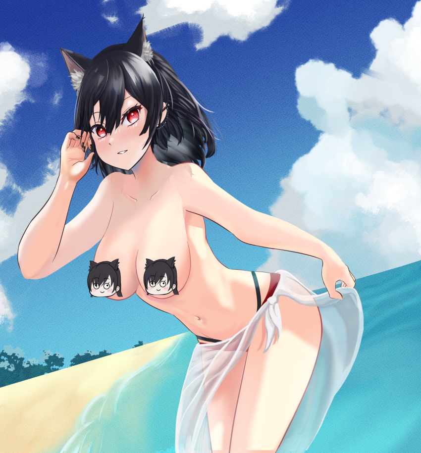 1girls 2022 5_fingers animal_ear_fluff animal_ears beach belly belly_button black_ears black_hair cat_ears censored censored_breasts estebaneishon1 fake_animal_ears looking_at_viewer mitsurugi_lia ocean pale-skinned_female pale_skin short_hair virtual_youtuber wactor wactor_jp wactor_production