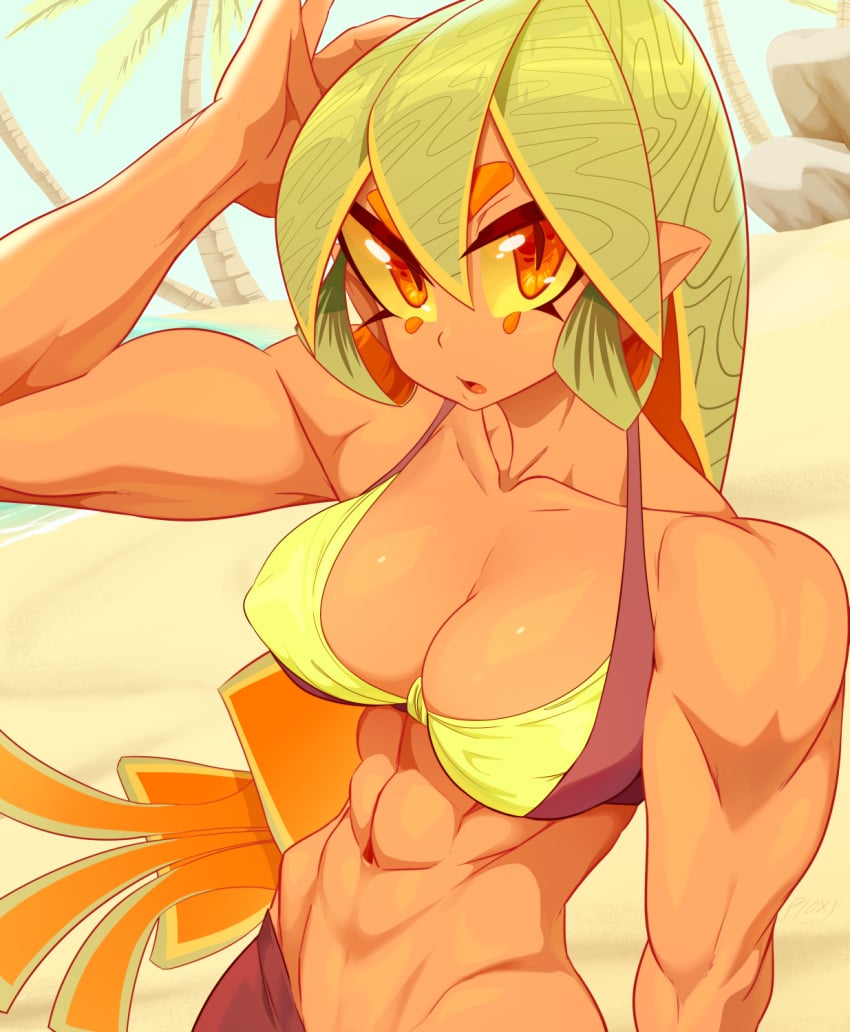 1girls 2022 anthro big_breasts bikini cantalina_(juizzy_fruits) cute female green_hair juizzy_fruits looking_at_viewer masterploxy mrploxy multicolored_bikini multicolored_hair muscular muscular_female orange_eyes orange_hair pointy_ears tagme yellow_sclera