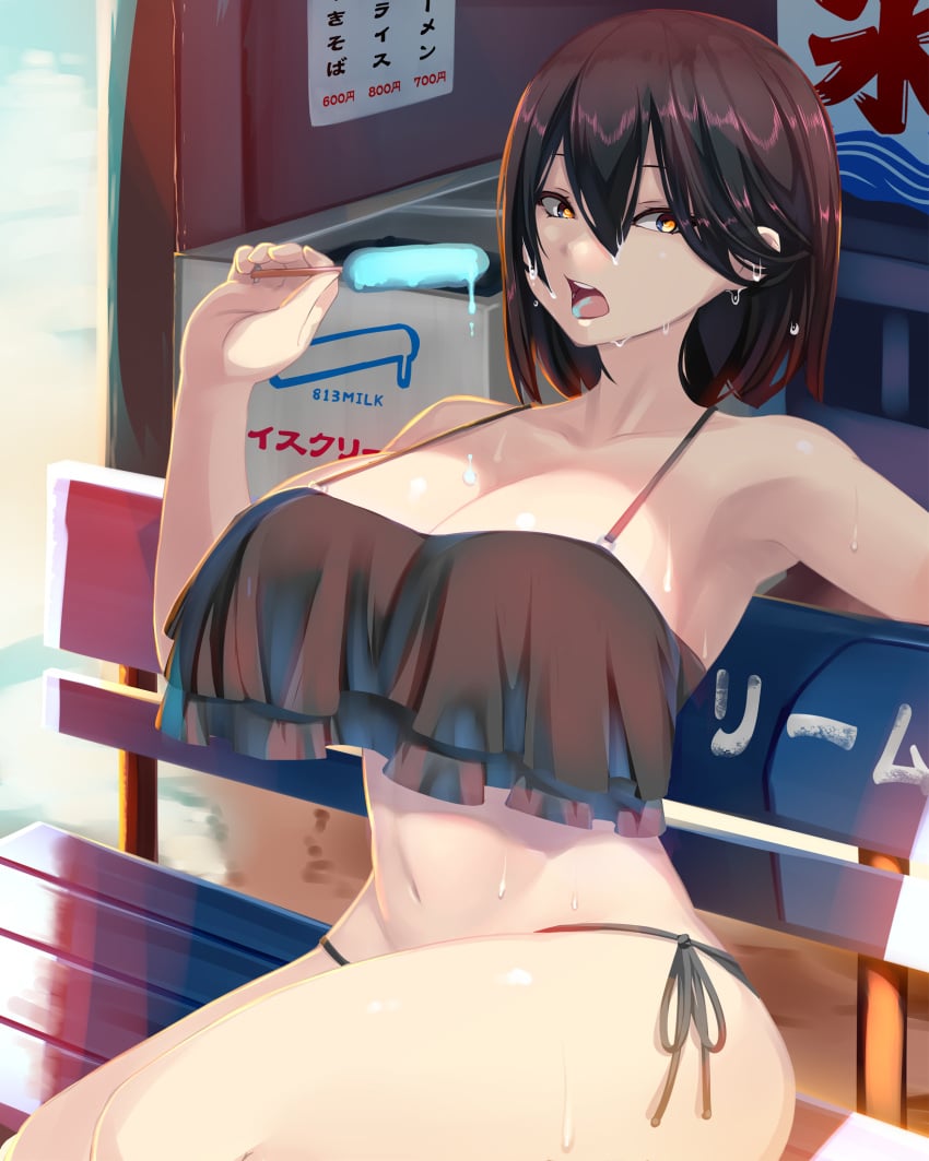 big_breasts black_bikini brown_hair bubble_ass bubble_butt dripping eating hayakawa_mayumi ice_cream shiki_(psychedelic_g2) sitting voluptuous wet wet_body wet_hair wet_skin yellow_eyes