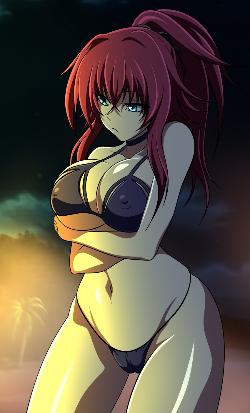 anime_style arms_crossed arms_crossed_under_breasts beach big_breasts bikini blue_eyes breasts color colored female high_school_dxd hips huge_breasts large_breasts night nipples_visible_through_clothing oldhorrorz red_hair rias_gremory self_hug