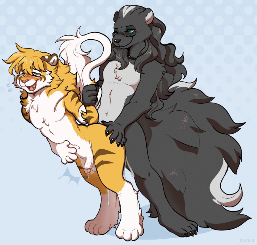 alpha_(character) anal black_body black_fur eyewear felid fluffy fur glasses hair hi_res hybrid liger lion male male/male mammal mane mephitid pantherine ponytail skunk stripes tass_(tassy) white_body white_fur yellow_body yellow_fur