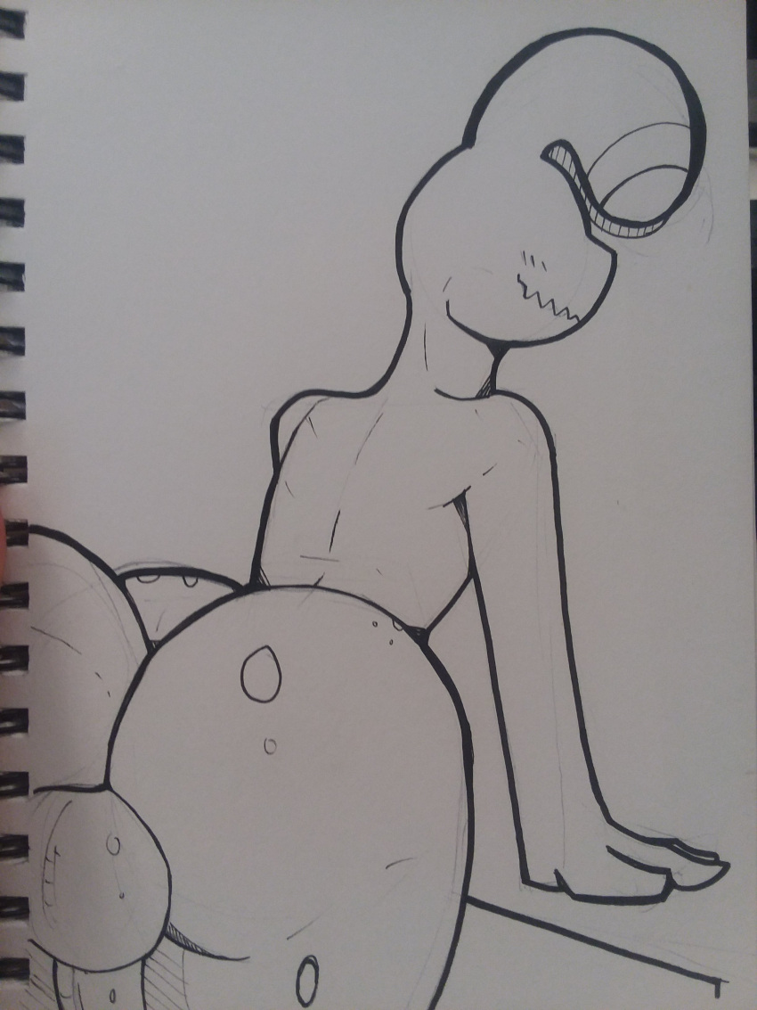 absurd_res anthro aquatic_gastropod ass balls big_butt blush blush_lines eyeless gastropod genitals graphite_(artwork) hi_res leaning leaning_forward male marine marker_(artwork) mollusk monochrome mrdoccon nervous pencil_(artwork) penis sea_slug slug solo thick_tail thick_thighs timid traditional_media_(artwork) tyler_(the_sea_slug)