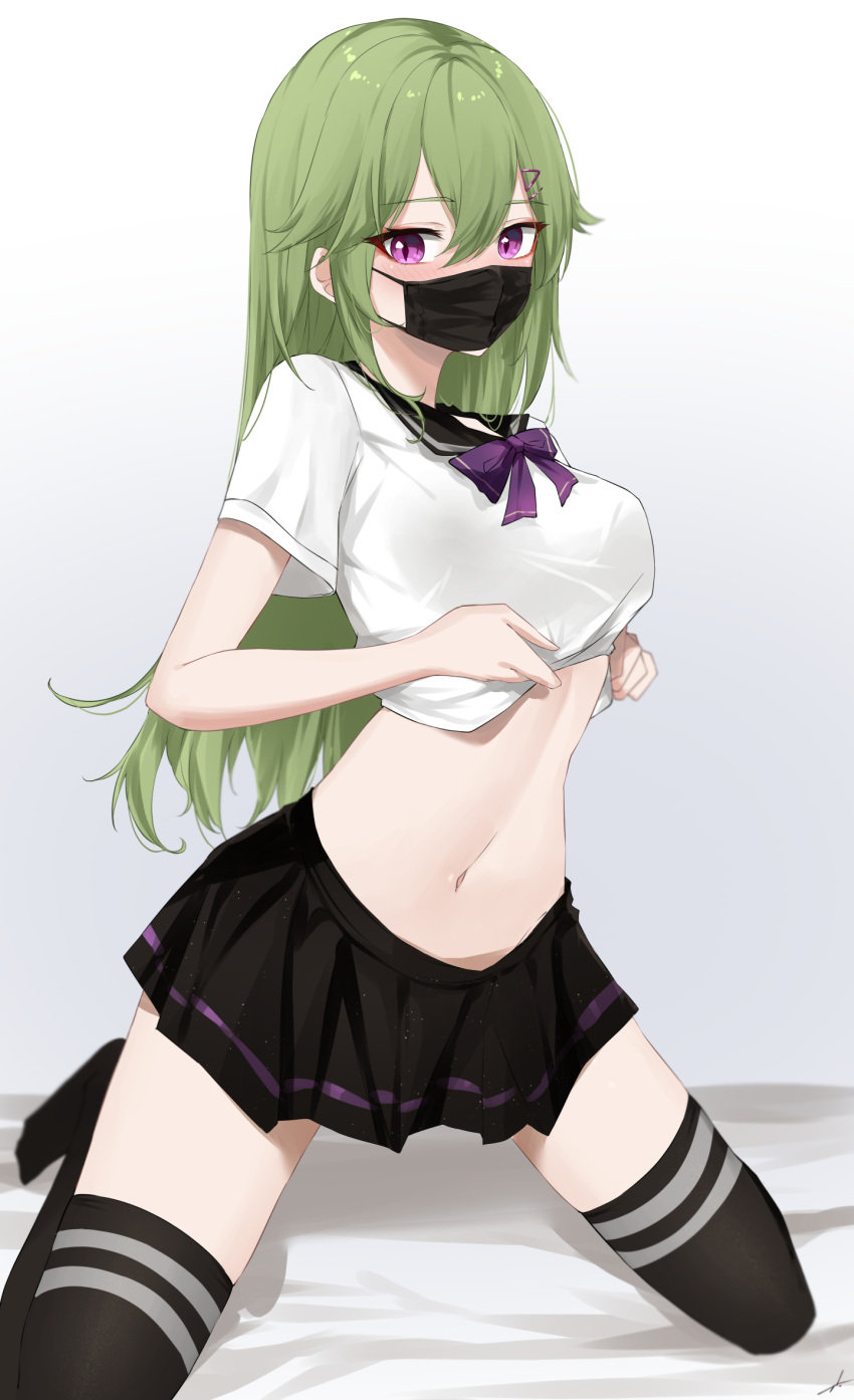 1girls alternate_hairstyle belly belly_button black_skirt blush bow clothed clothes_lift clothing face_mask feintheart721 female female_focus female_only genshin_impact green_hair hair_down kuki_shinobu leggings legwear lifting_shirt long_hair looking_at_viewer mask midriff navel on_knees purple_eyes school_uniform schoolgirl shirt shirt_lift shirt_up sitting skirt solo solo_female solo_focus stomach thighhighs thighs uniform white_shirt