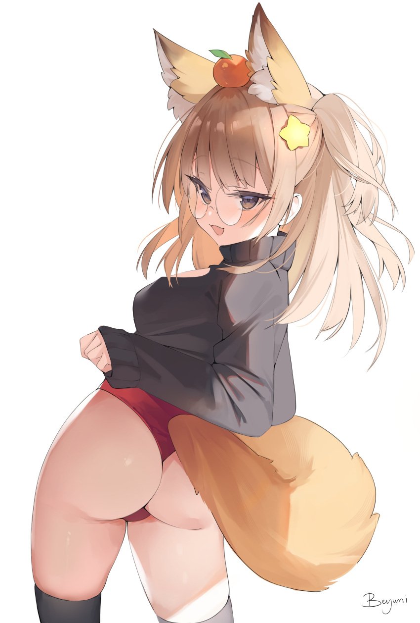 absurdres animal_ear_fluff animal_ears annytf ass beyumi black_sweater black_thighhighs blush brown_eyes brown_hair female food food_on_head fox_ears fox_girl fox_tail from_behind fruit glasses hair_ornament highleg highleg_leotard highres indie_virtual_youtuber leotard leotard_under_clothes long_hair looking_back object_on_head one_side_up orange_(fruit) red_leotard simple_background solo star_(symbol) star_hair_ornament sweater tail thighhighs thighs thong_leotard virtual_youtuber white_background