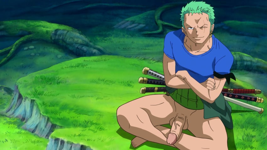 balls blonde_hair cock_edit cock_piece edit edited erection genitals male male_only one_piece penis retracted_foreskin roronoa_zoro screencap screenshot screenshot_edit sword uncut unknown_artist