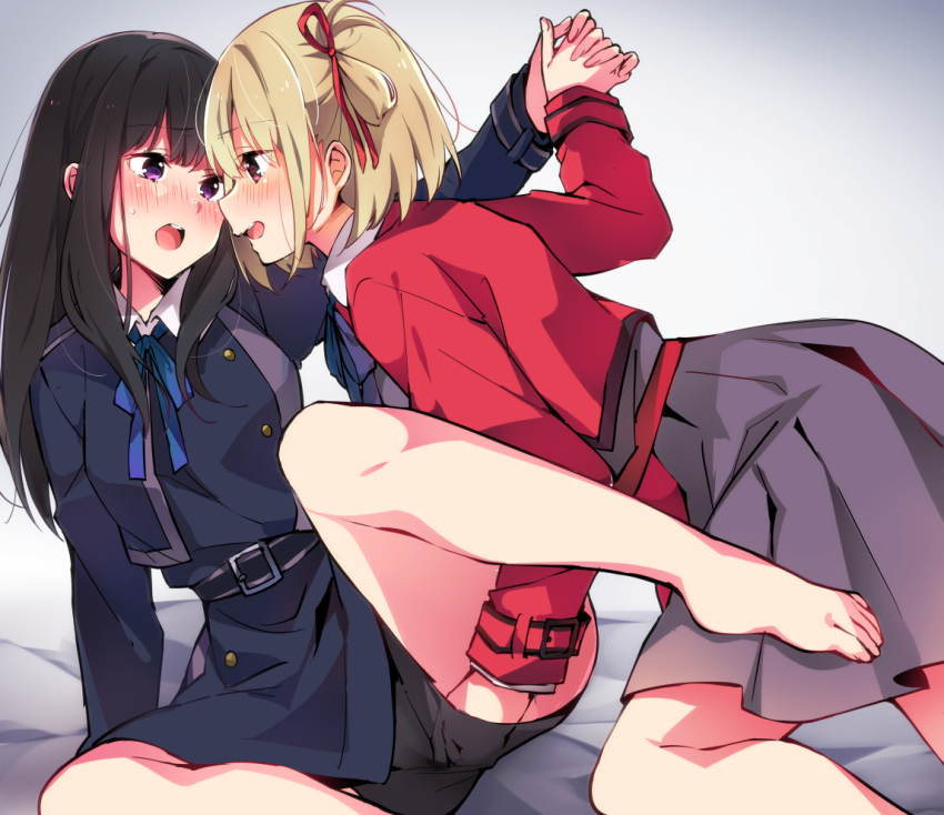 2girls belt black_hair black_panties blonde_hair blue_dress blue_ribbon blush bob_cut brown_eyes collared_shirt commentary dress fingering fingering_partner fingering_through_clothes fingering_through_panties grey_dress hair_ribbon inoue_takina long_hair looking_at_another lycoris_recoil lycoris_uniform multiple_girls neck_ribbon nishikigi_chisato open_mouth panties purple_eyes red_belt red_dress red_ribbon ribbon shirt short_hair sk02 through_clothes two-tone_dress underwear white_shirt yuri