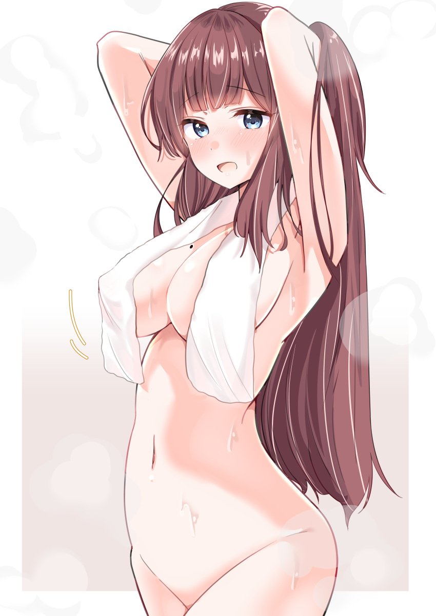 absurdres bangs blue_eyes blush breasts brown_hair female highres large_breasts long_hair mole naked_towel navel new_game! sideboob simple_background solo steam takimoto_hifumi thighs towel wet yyamashii