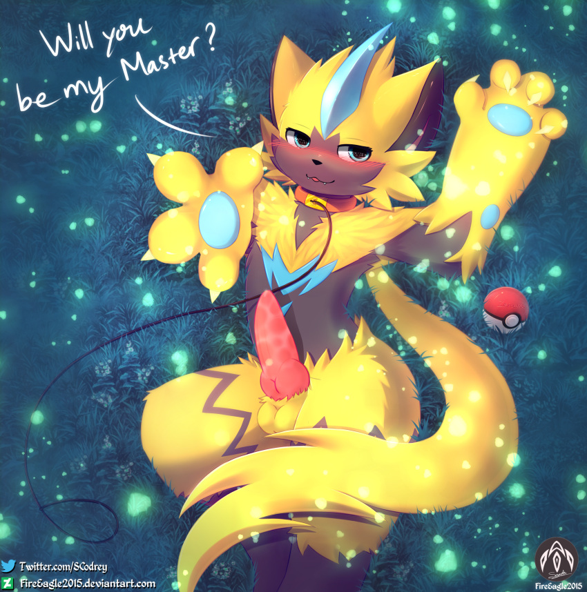 absurd_res anthro balls blush claws collar dialogue genitals grass hi_res leash legendary_pokémon lying male nintendo particle_effects paws penis plant pokéball pokémon_(species) pokemon reaching_towards_viewer senz smile solo text video_games zeraora