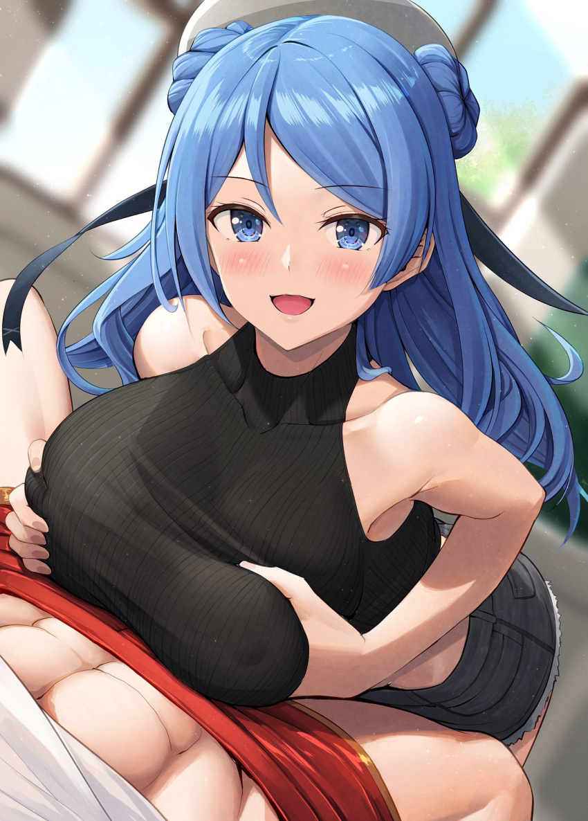 1boy 1girls abs bangs black_sweater blue_eyes blue_hair blush breasts collarbone covered_nipples double_bun female grey_shorts hair_bun hat highres ichikawa_feesu implied_paizuri kantai_collection large_breasts light-skinned_female light-skinned_male light_skin long_hair looking_at_viewer open_mouth pov short_shorts shorts sleeveless sleeveless_sweater smile solo_focus straight sweater toned toned_male urakaze_(kantai_collection) white_headwear