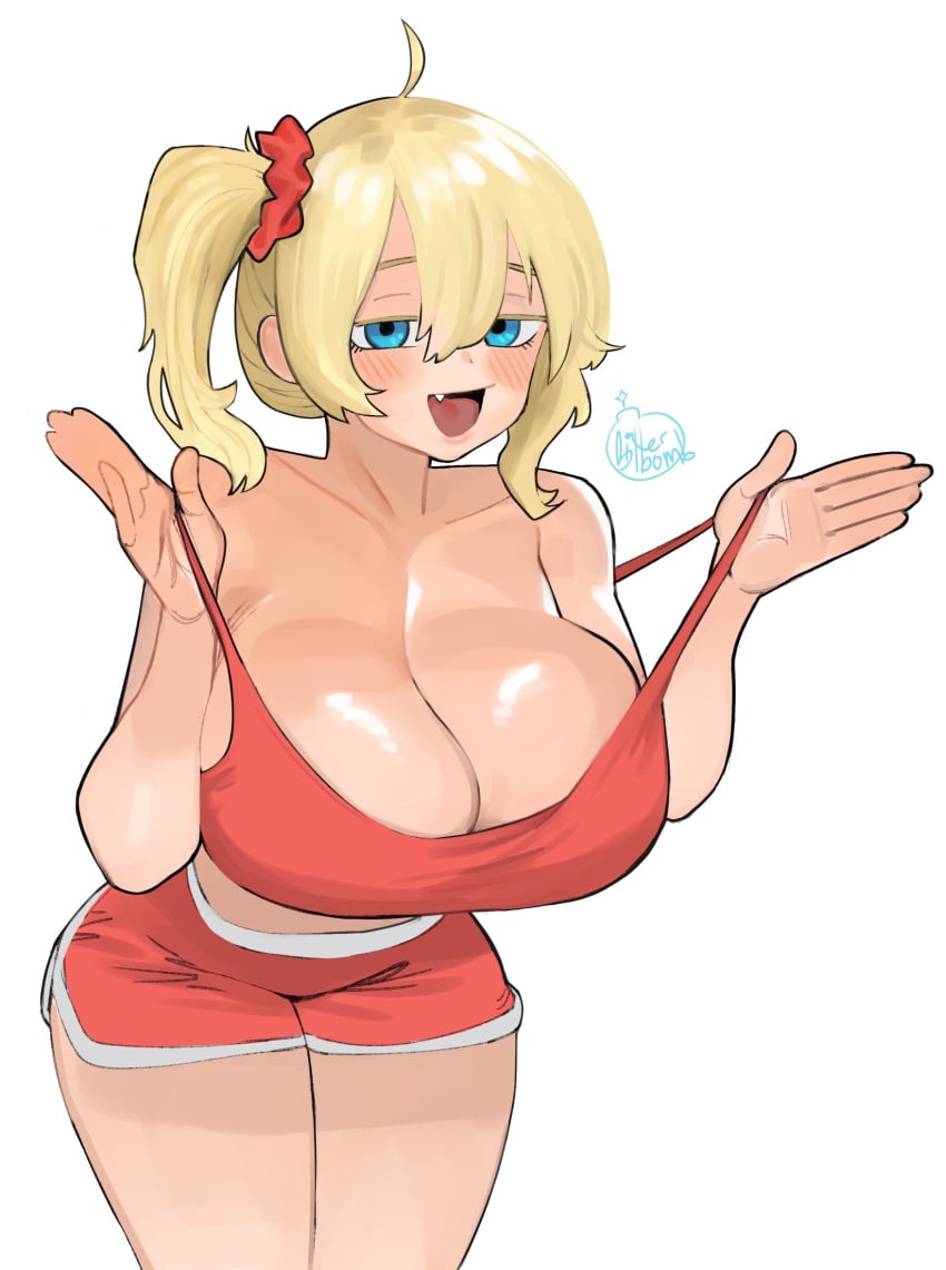 1girls big_breasts blonde_female blonde_hair blue_eyes blush blushing breasts child_bearing_hips cleavage curvaceous curves curvy curvy_body curvy_female curvy_figure curvy_hips deep_cleavage female female_only florida-chan_(ryuseihashida) gigantic_breasts hips huge_breasts large_breasts light_blue_eyes light_blush oc oerba_yun_fang open_mouth original_character pulling_clothing ryusei_hashida shiny_skin smug smug_expression smug_face sweet_dynamite tagme thick thick_thighs thighs tied_hair white_background wide_hips