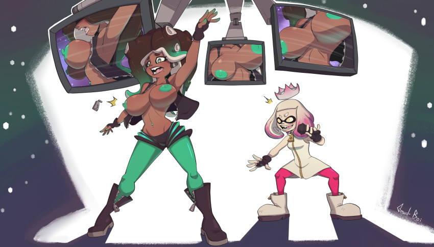 2d_(artwork) areolae big_breasts clothing dark-skinned_female exhibitionism exposed_breasts female gewd-boi green_eyes green_nipples high_resolution marina_(splatoon) monster_girl nintendo nipples no_bra pants pearl_(splatoon) public solo_female splatoon splatoon_2 tagme television tv video_games wardrobe_malfunction zipper zipper_malfunction