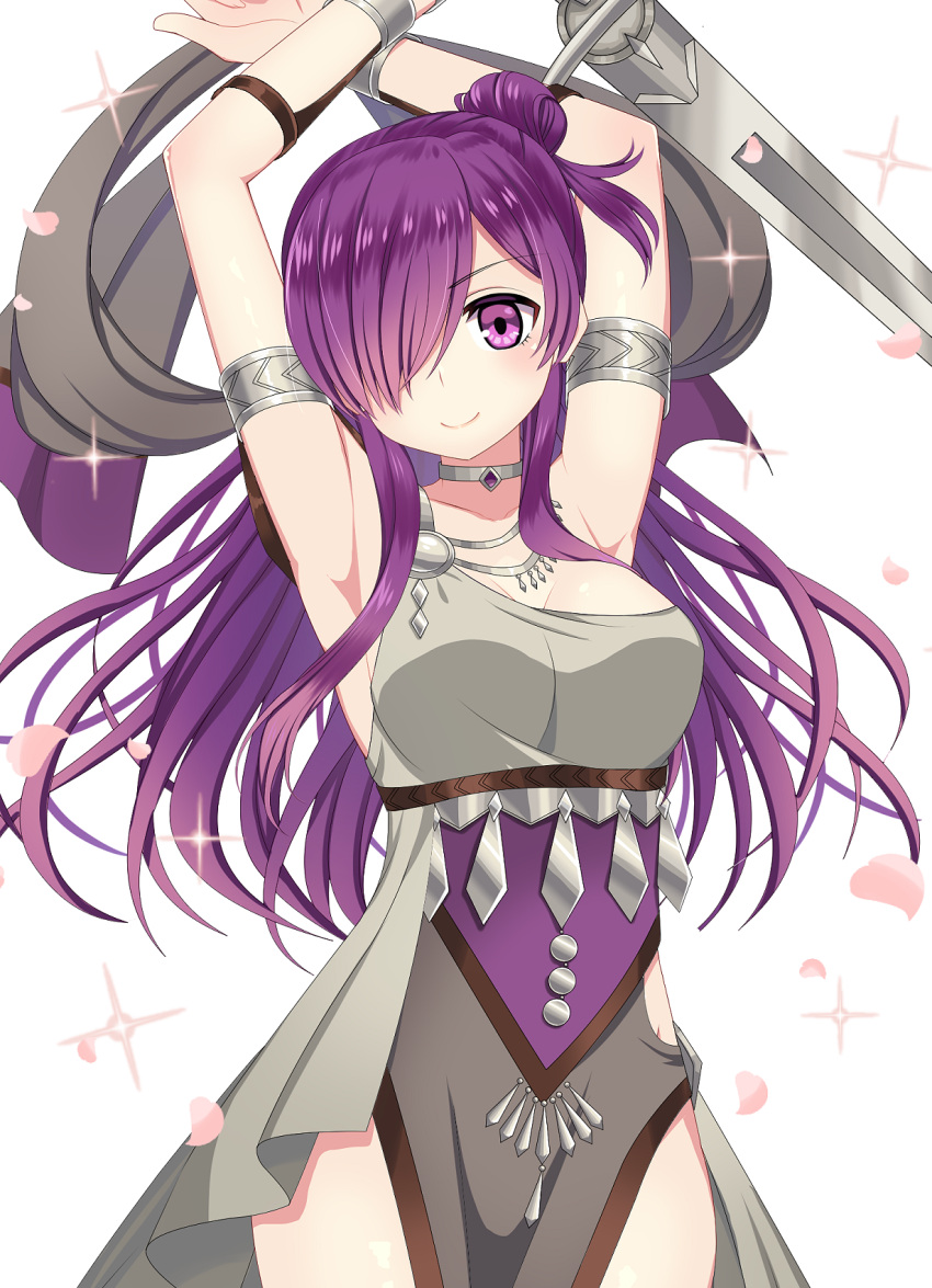 1girls alternate_costume armlet arms_up breasts cleavage dancer dancing dress female female_only fire_emblem fire_emblem:_three_houses fire_emblem_warriors:_three_hopes hair_bun hair_over_one_eye highres nintendo official_alternate_costume purple_eyes purple_hair shawl shez_(female)_(fire_emblem) shez_(fire_emblem) shira_yu_ki single-shoulder_dress smile solo sword weapon