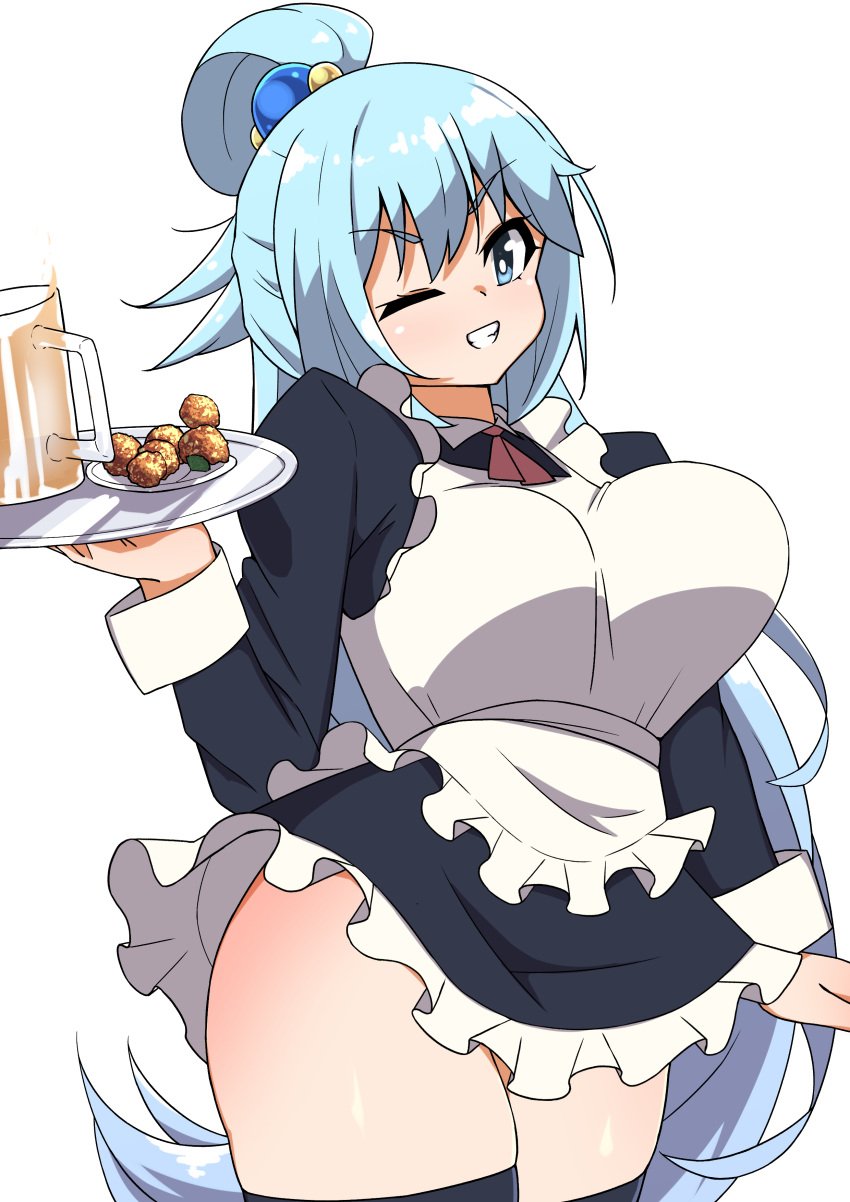 1girls aqua_(konosuba) big_breasts blue_eyes blue_hair breasts eye_contact female female_only goddess huge_breasts kono_subarashii_sekai_ni_shukufuku_wo! legwear long_hair looking_at_viewer maid maid_apron maid_headdress maid_uniform one_eye_closed solo solo_female thick_thighs thighhighs thighs toukaaa wide_hips