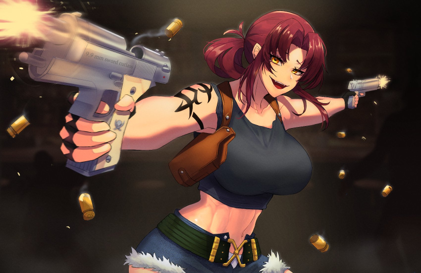 1girls belly belly_button big_breasts black_lagoon breasts bullet bullets buttslayer crazy crazy_eyes crazy_girl crazy_smile criminal curves curvy fangs female female_only firearm firing firing_weapon fit fit_female flat_belly fully_clothed goes_hard gun gun_holster gun_holsters guns holster holsters huge_breasts jean_shorts jeans midriff mouth_open pirate pistol pistols red_hair revy shooting short_jeans shorts smile smiling solo tagme tattoo tattoo_on_arm tattooed_arm tattoos thin tomboy tummy wine_colored_hair