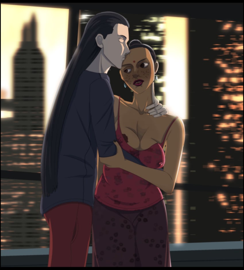 1boy 1girls adtyaa areolae cling clothed clothing dark dark-skinned_female husband_and_wife kissing kissing_head lipstick married_couple milf nipple_slip older_woman_and_younger_boy romantic romantic_couple wholesome wife