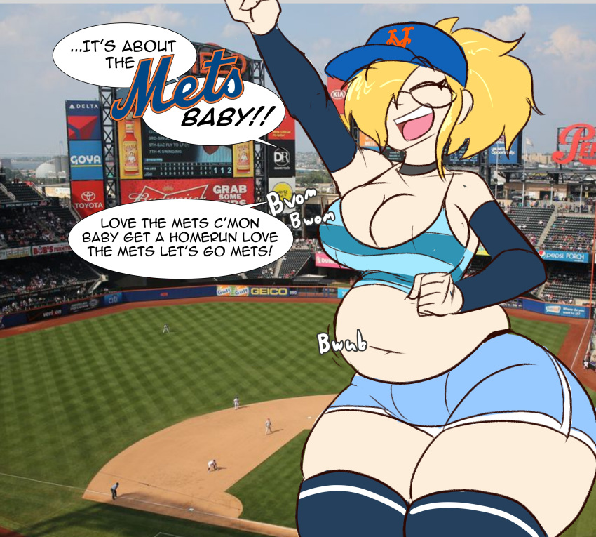 1girls arm_sleeves baseball_cap baseball_field big_belly big_breasts blonde_female breasts chubby chubby_female daisy_(juice_inyoureye) glasses hair_over_one_eye juice_inyoureye(artist) meme mlb new_york_mets onomatopoeia tagme thick_thighs thighhighs wide_hips