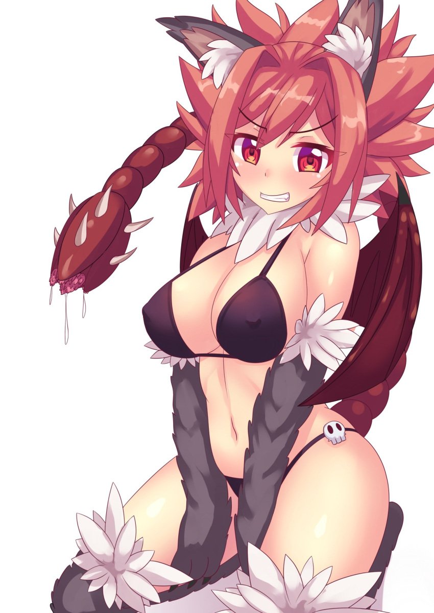 animal_ear_fluff animal_ears animal_hands asian_mythology bat_wings bikini breasts cleavage demon female fur highres large_breasts looking_at_viewer manticore_(monster_girl_encyclopedia) midriff monster_girl monster_girl_encyclopedia persian_mythology red_eyes red_hair skull smile smug solo swimsuit tail thighs white_background wings