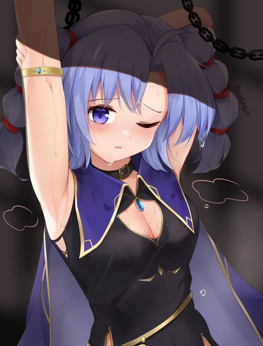 1girls absurdres ahoge arm_behind_head arm_grab arm_up armlet armpits arms_up asymmetrical_bangs black_choker black_dress blue_eyes blue_hair breasts cape chain choker cleavage collar commentary_request crossed_bangs crowned-tapioka curtained_hair dot_nose dress female female_only fire_emblem fire_emblem:_genealogy_of_the_holy_war frown gold_trim highres indoors looking_at_viewer medium_breasts medium_hair multiple_hair_ties musk nintendo one_eye_closed open_mouth purple_cape short_hair solo sweat sweaty tine_(fire_emblem) twintails wet