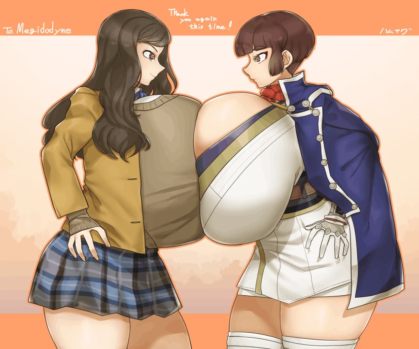 2girls 6:5 big_breasts breast_press breast_squeeze breasts breasts_bigger_than_head brown_eyes brown_hair cleavage female female_only fully_clothed ham121ham hamham_121 hand_on_hip hikaru hikaru_(megami_tensei) huge_breasts hyper_breasts isabeau_(smt) jacket large_breasts long_hair lucifer lucifer_(megami_tensei) megami_tensei multiple_girls orange_eyes rivals school_uniform schoolgirl shin_megami_tensei shin_megami_tensei_iv short_hair short_skirt skirt thick_thighs thighs vest