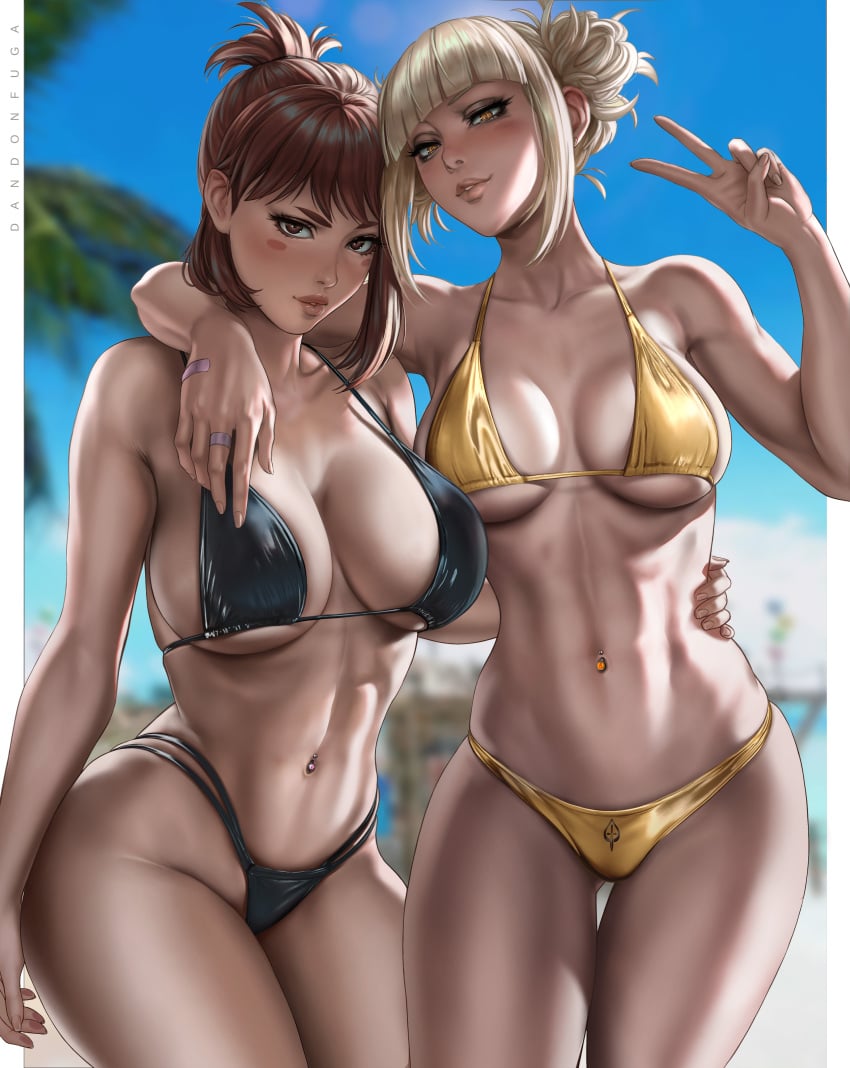 2girls abs absurd_res absurdres bandage bandages bangs bare_arms bare_skin beach big_breasts bikini bikini_bottom bikini_top black_bikini black_bikini_bottom black_bikini_top black_clothes black_clothing black_panties black_underwear blonde_female blonde_hair bra breasts brown_eyes brown_hair busty child_bearing_hips cleavage clothed clothed_female clothing cute_face dandon_fuga female female_focus female_only fit fit_female gold_clothing golden_bikini hand_on_waist heart high_resolution highres himiko_toga hips large_breasts large_filesize light-skinned_female light_skin looking_at_viewer multiple_girls my_hero_academia navel navel_piercing ochako_uraraka palm_tree panties peace_sign ponytail short_hair short_ponytail shoulder_length_hair slim_girl slim_waist standing stars stomach thick_thighs thighs toned_arms toned_body toned_female tropical underwear v v_sign very_high_resolution yellow_eyes