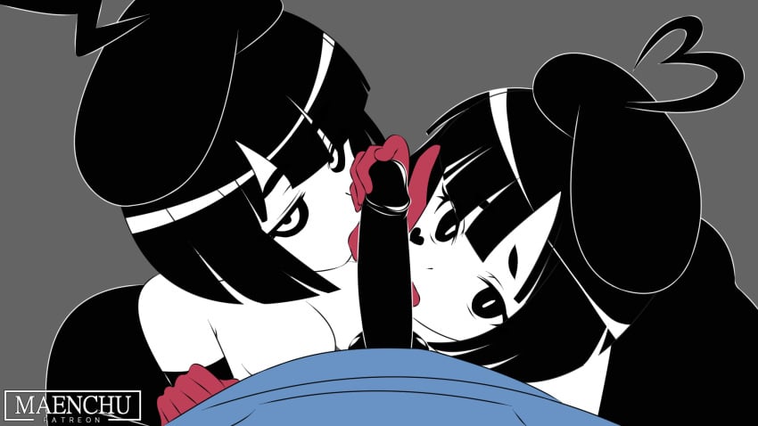 1boy 2girls 2girls1boy beret big_breasts black_eyes black_hair blue_hoodie bonbon_(derpixon) chuchu_(derpixon) clothing dash_(derpixon) erect_penis faceless_male female gloves high_resolution licking_penis looking_up maenchu male medium_hair mime mime_and_dash mime_girl oral penis pov straight tagme white_eyes