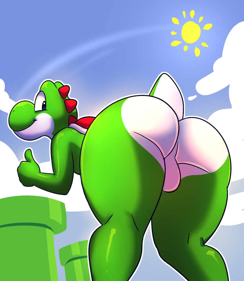 ass back_view background balls big_ass big_butt cloud dinosaur fat_ass genitals gesture goldeneyensfw hi_res looking_back male male_only mario_(series) nintendo pipes plump_ass solo sun super_mario_bros. thighs thumbs_up video_games yoshi