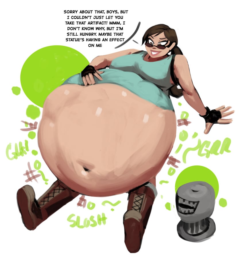 belly belly_bulge big_belly big_breasts breasts brown_hair dialogue female glasses hand_on_belly huge_belly lara_croft lara_croft_(classic) looking_over_eyewear looking_over_glasses looking_over_sunglasses ponytail post_vore same_size_vore sonier103 stomach_noises sunglasses text tinted_eyewear tomb_raider vore