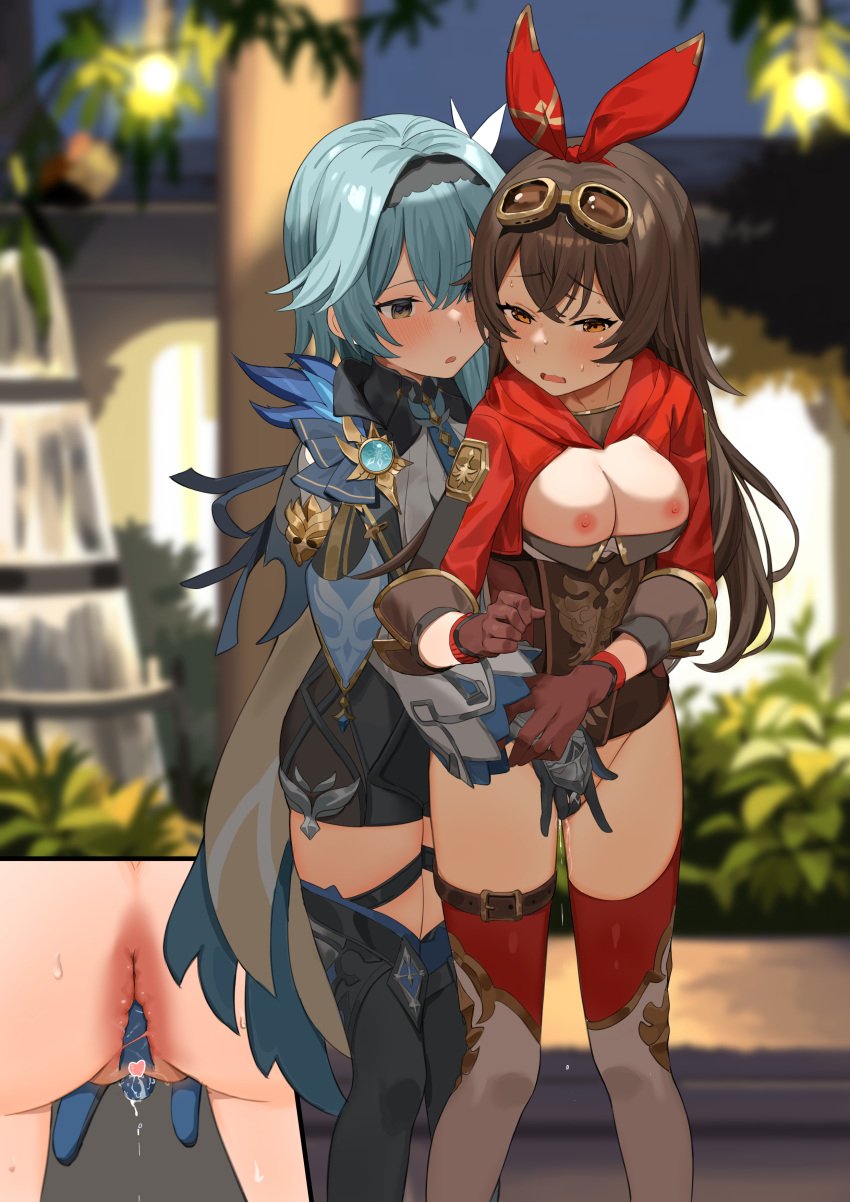 2girls absurdres amber_(genshin_impact) bangs black_hairband blue_hair blurry blurry_background blush bottomless bow_hairband breasts breasts_out brown_gloves brown_hair crossed_bangs eula_(genshin_impact) female_only fingering genshin_impact gloves goggles goggles_on_head hair_between_eyes hairband heart highres lemontyoisy_r18 long_hair looking_at_another medium_breasts multiple_girls nipples open_clothes open_mouth outdoors pussy_juice raised_eyebrows red_hairband short_hair shorts standing sweat thigh_strap thighhighs vision_(genshin_impact) yuri zettai_ryouiki