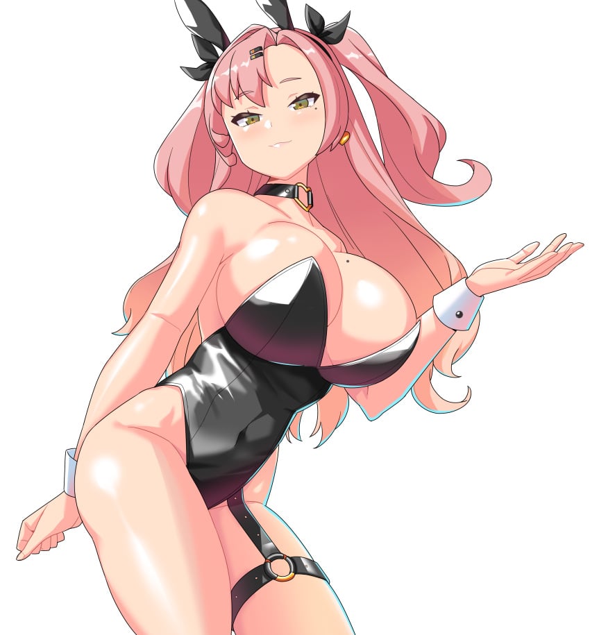 1girls :3 beauty_mark big_breasts black_ribbon breasts bunny_ears bunnysuit cleavage female female_only green_eyes hair_clips hair_ribbon hairclip long_hair mole mole_on_breast mole_under_eye nicole_demara nya_(73809635) pink_hair ribbon ribbons zenless_zone_zero