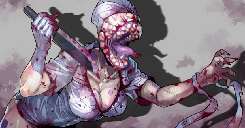 2d 2d_(artwork) bald big_breasts big_mouth blood blood_stain body_horror cleavage eyeless female female_only fengmo gloves knife konami minidress monster monster_girl nightmare_fuel nightmare_waifu nurse nurse_(silent_hill) nurse_cap nurse_uniform open_mouth sharp_teeth short_dress silent_hill solo stained_clothes tongue_out weapon