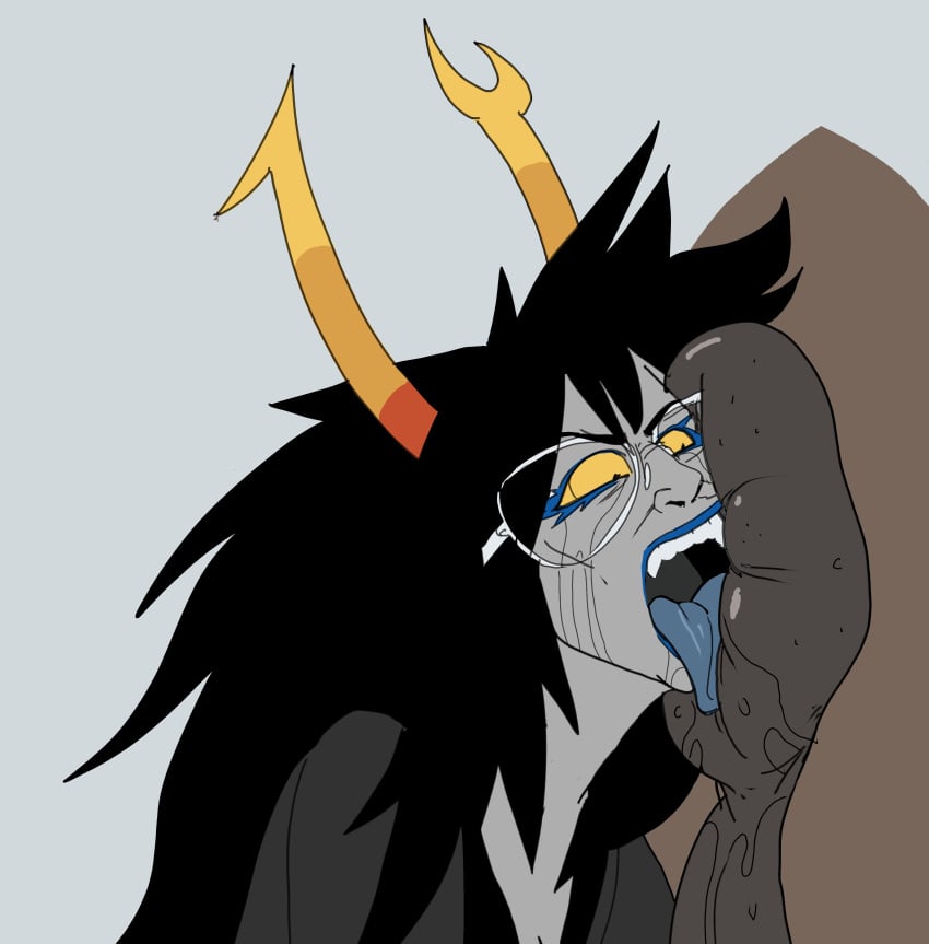 1boy 1girls 2022 beast_rimming black_hair blue_lips brown_fur clothing crying crying_with_eyes_open glasses grey_background grey_skin homestuck horns horse horse_anus long_hair ms_paint_adventures open_mouth putricia rimjob rimming rimming_horse saliva straight tears tongue tongue_out troll vriska_serket yellow_eyes zoophilia