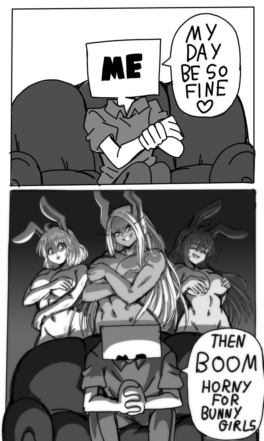 1boy 3girls anthro big_breasts breasts bunny_ears bunny_girl carrot_(one_piece) covered_breasts crossover eastern_and_western_character english_text faunus female greyscale lewdamone long_hair male meme miruko monochrome my_day_be_so_fine my_hero_academia nude nude_female one_piece rumi_usagiyama rwby short_hair speech_bubble standing text velvet_scarlatina wide_hips year_of_the_rabbit