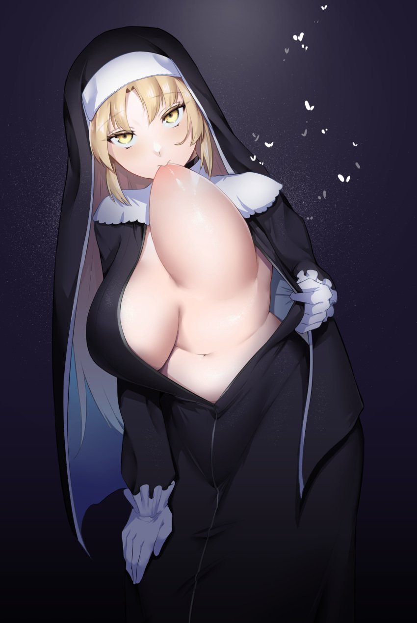 1girls areola areolae belly belly_bulge big_breasts blonde blonde_female blonde_hair boob_window breast_sucking breasts curves curvy curvy_female enryuu_(rmxs3488) female female_only gloves huge_breasts large_breasts nijisanji nun nun_hat nun_outfit one_breast_out revealing_clothes self_breast_sucking sister_claire sister_cleaire sucking sucking_nipples sucking_own_breasts tagme thick tummy virtual_youtuber yellow_eyes