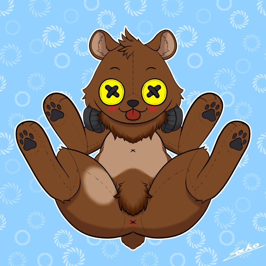 2022 animate_inanimate anthro anus bearphones blue_background blush brown_bear brown_body brown_fur button_eyes countershading crotch_tuft doll fur grizzly_bear headphones hi_res living_doll male male_only mammal navel neck_tuft nude pattern_background pawpads signature simple_background sockodrawing solo spread_legs spreading tongue tongue_out tuft ursid ursine x_anus