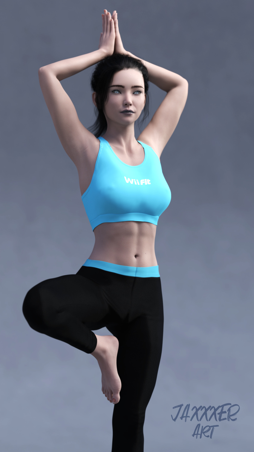 1girls 3d 3d_(artwork) abs black_hair feet female female_only jaxxxer midriff navel pinup realistic small_breasts solo tank_top white_skin wii_fit wii_fit_trainer yoga yoga_pants yoga_pose