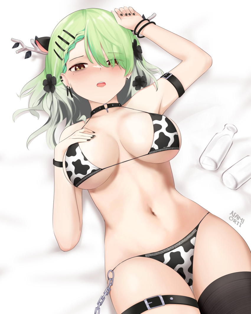 1girls beauty_mark bed bikini ceres_fauna chains choker cow_bikini cow_ears cow_print flowers_in_hair green_hair grey_hair hololive hololive_english hololive_english_-council- hololive_english_-promise- horn looking_at_viewer milk_bottle multicolored_hair nail_polish namiorii on_back pov pov_eye_contact solo virtual_youtuber yellow_eyes