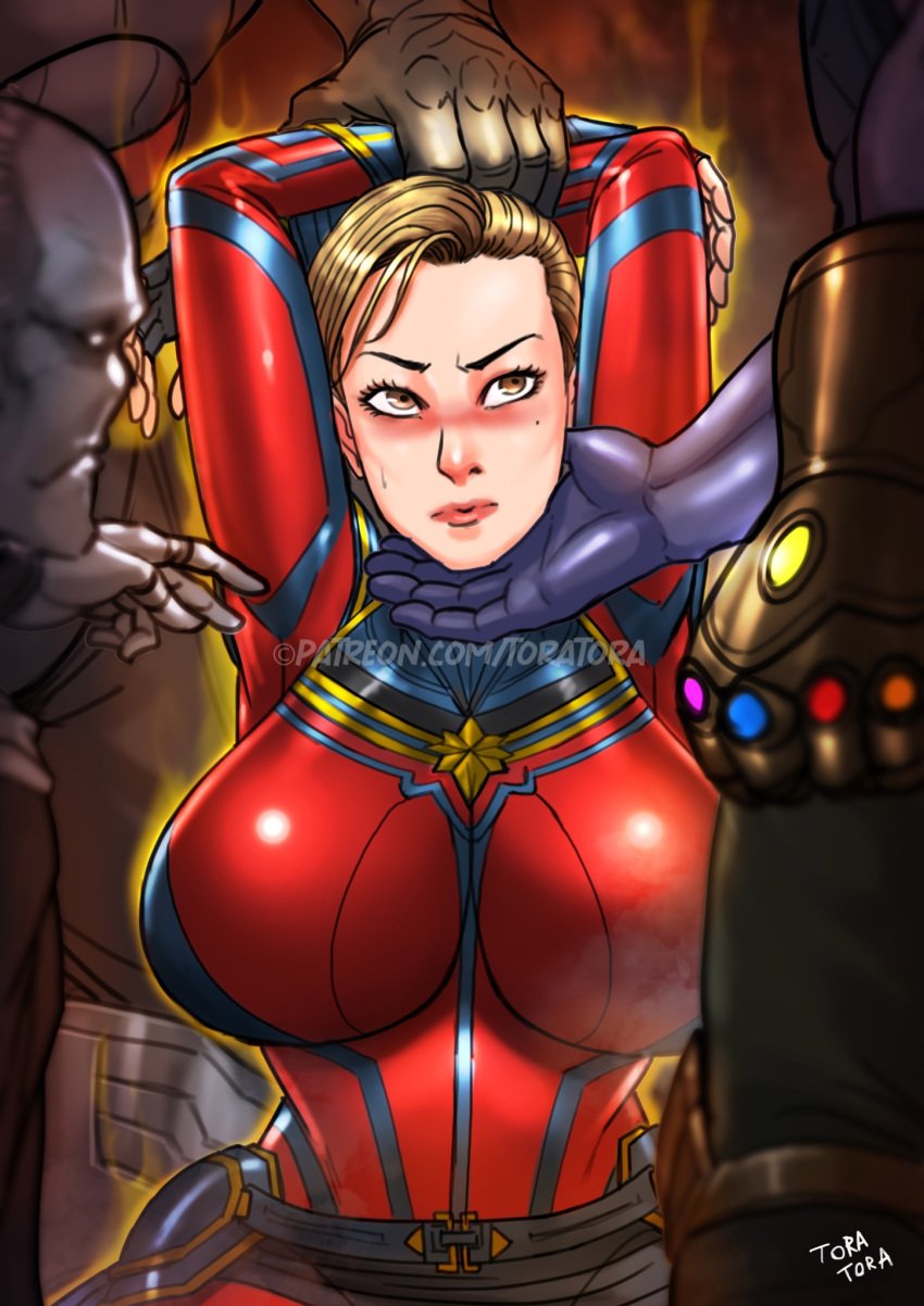 1girls 2boys alien armpits artist_name avengers avengers:_endgame beauty_mark big_breasts blonde_hair blush breasts brie_larson captain_marvel carol_danvers cull_obsidian defeated_heroine ebony_maw femsub green_eyes human humanoid imminent_gangbang imminent_rape imminent_sex infinity_gauntlet interspecies large_breasts light-skinned_female light_skin maledom marvel marvel_cinematic_universe mole mole_under_eye multiple_males purple-skinned_male purple_skin short_hair superhero_costume superheroine supervillain sweat thanos tight_clothing tora_tora