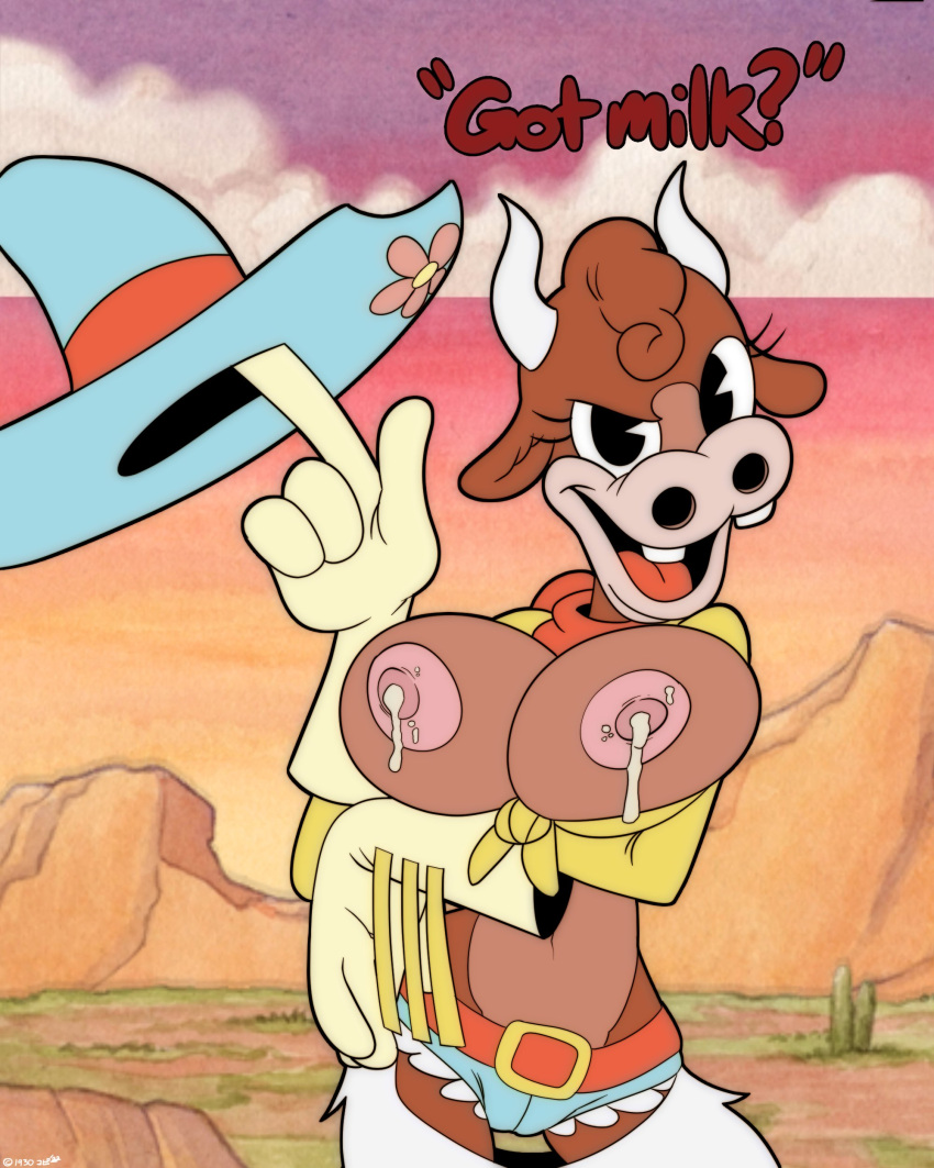 1girls :3 areola areolae belt belt_buckle breast_milk breasts breasts_out buckteeth cactus clouds cow cowgirl cowgirl_hat cowgirl_outfit cuphead_(game) detailed_background esther_winchester exposed_breasts eyelashes female female_focus female_only gloves got_milk half_naked hat head_tuft horns mammal mammal_humanoid milk mountain pac-man_eyes pink_areola pink_areolae pink_nipples pov pov_eye_contact tassel thehumancopier watercolor_(artwork)