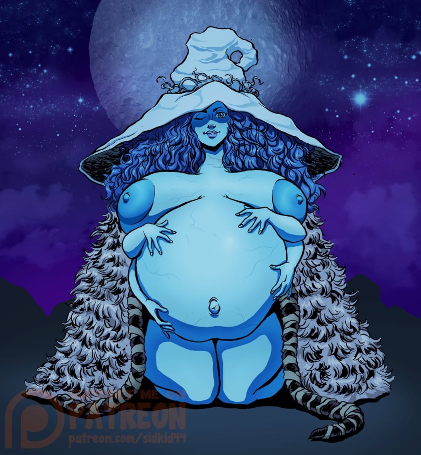 1girls 4_arms areolae belly big_belly big_breasts blue_hair blue_skin breasts elden_ring female female_only fromsoftware hand_on_belly hat hyper large_belly large_breasts multi_arm multi_limb nipples one_eye_closed outie outie_navel pregnant pregnant_female ranni_the_witch sidkid44 solo_female wink