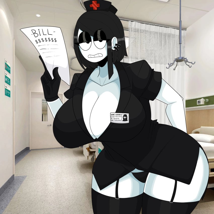 1girls big_breasts bills black_hair breasts busty cleavage ear_piercing female female_only garter_straps gloves goth half-closed_eyes hand_on_hip hat hospital huge_breasts indoors large_breasts leaning_forward looking_at_viewer name_tag nurse nurse_uniform panties piercing room saltynoodles solo thick_thighs thighhighs veronica_(saltynoodles) white_skin wide_hips