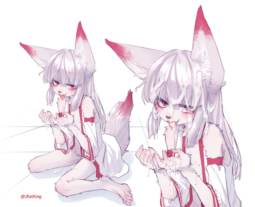 absurdres animal_ears bangs bare_shoulders barefoot blush commission cum cum_on_hair detached_sleeves female fox_ears fox_girl fox_tail furry furry_female grey_hair grey_tail highres jacket long_hair looking_at_viewer multiple_views naked_jacket original popopoka red_eyes shiny shiny_hair sitting skindentation tail tongue tongue_out white_jacket