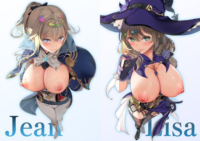 areolae asahina_hikage big_breasts black_ribbon black_thighhighs blonde_hair blue_background blue_cape blue_eyes blue_glow blush breasts breasts_out breasts_out_of_clothes brown_hair cape capelet character_name detached_sleeves embarrassed erect_nipples exhibitionism exposed_breasts eyebrows eyebrows_visible_through_hair finger_to_mouth foreshortening genshin_impact gloves golden_rose green_eyes hair hair_ornament hat high_heels jean_gunnhildr jewelry knee_boots lantern lips lisa_(genshin_impact) naughty_face necklace necklace_between_breasts nipples nose panties parted_lips ponytail puffy_areolae purple_cape purple_rose rose sexually_suggestive silencing simple_background sleeves thighhighs tie vision_(genshin_impact) white_pants witch witch_hat