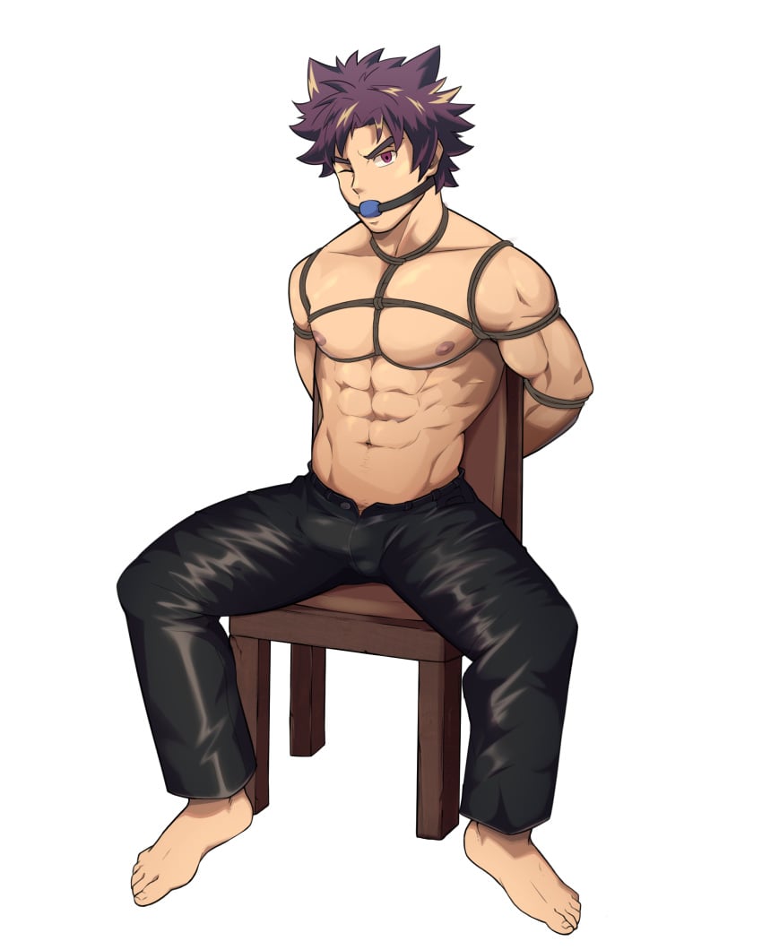 1boy abs adonis_belt ball_gag barefoot bondage bondage_chair bondage_gear bottomwear_only bulge_through_clothing camp_buddy chair exposed_nipples gag looking_at_viewer male male_only man_boobs muscular_male nipples no_shirt notsafeforseb one_eye_closed pants_only pecs purple_eyes purple_hair shibari shirtless short_hair simple_background sitting_on_chair solo solo_male spiky_hair tied_to_chair tied_up white_background yoichi_yukimura